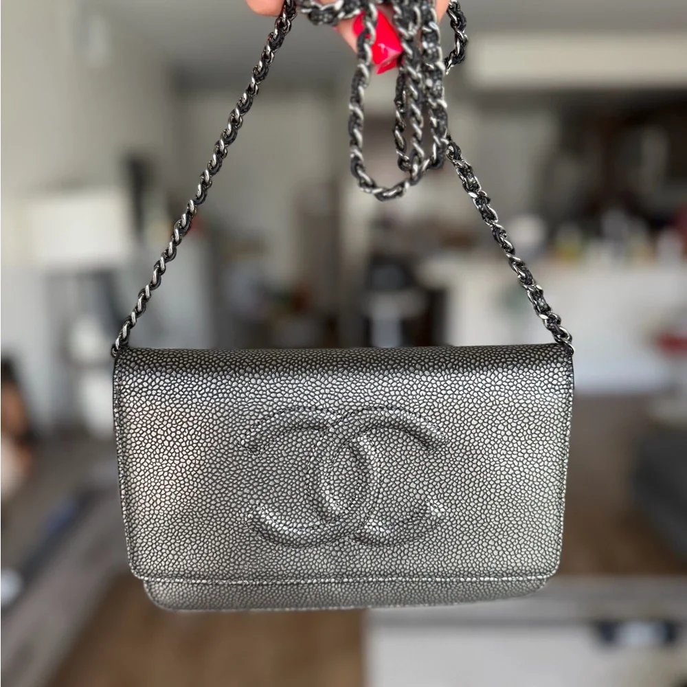 Chanel Metallic Black CC Flap Wallet on Chain